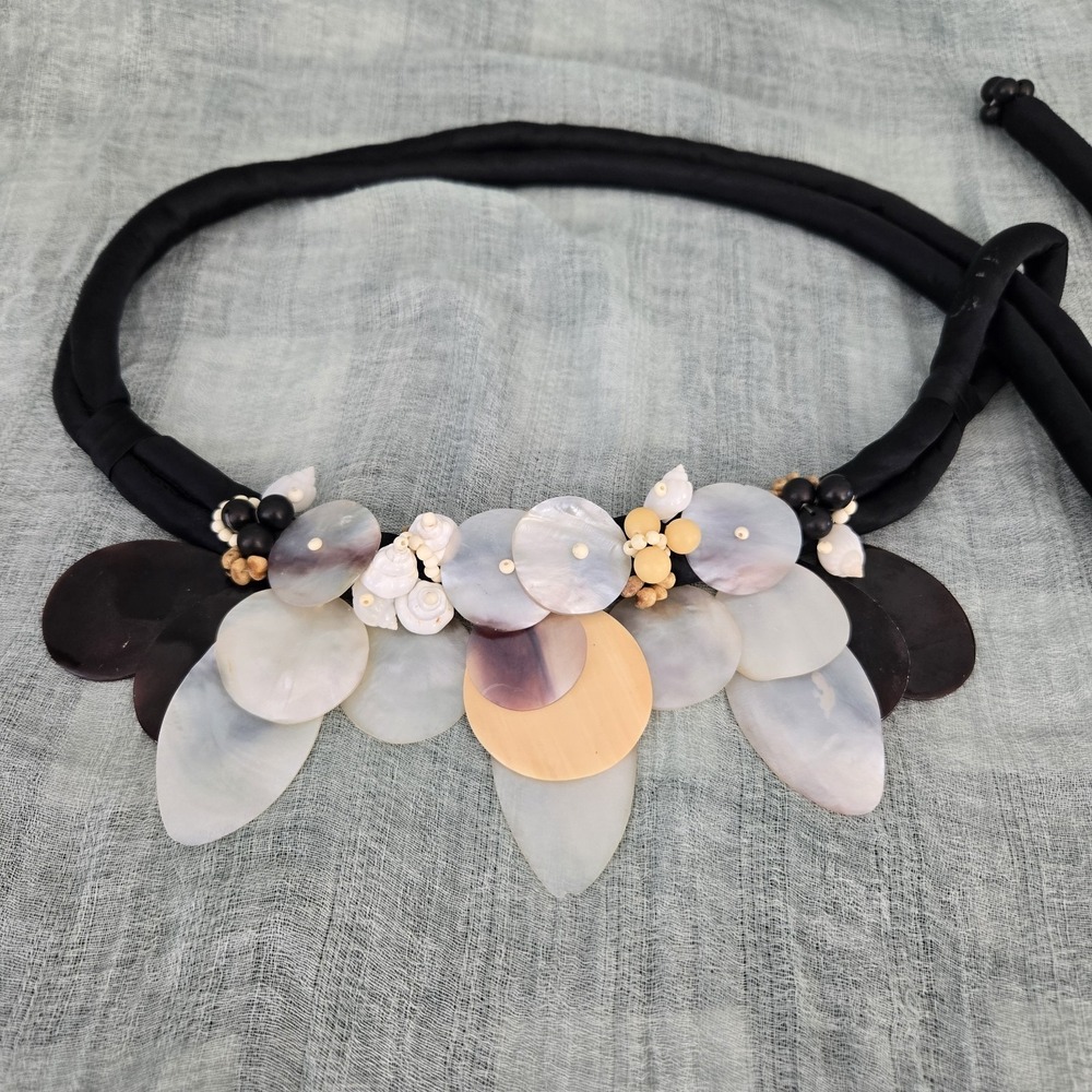 Women's Statement Side Tie Belt Shells & Mother of Pearl on Black Satin Rope M